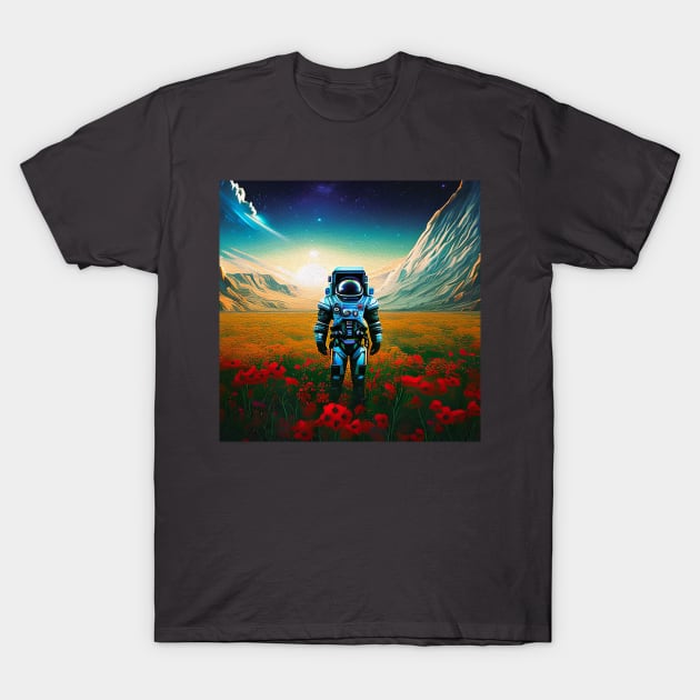 Astronaut Standing in Flower Field with Sun Rising T-Shirt by Mihadom